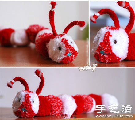 毛線+叉子+串珠 手工制作可愛毛毛蟲玩具 - www.iyw0659.cn